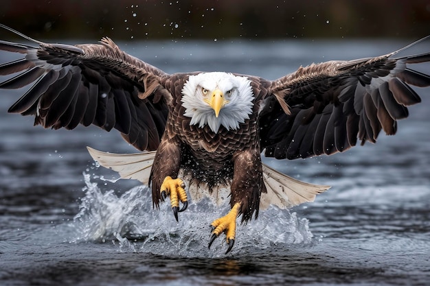 Pescando con águila calva, un águila calva frente a la cámara captura un pez fuera del agua al estilo del súper teleobjetivo ganador del concurso de National Geographic en primer plano AI Generative