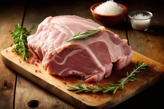 Pescoço de porco cru fresco ou pescoço de porco a bordo com ingredientes para produtos marinados de carne Ai