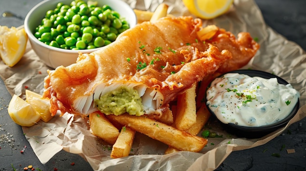 Pescozo y papas fritas tradicionales británicas con puré de guisantes salsa tártara en papel arrugado Pescado y papas frites