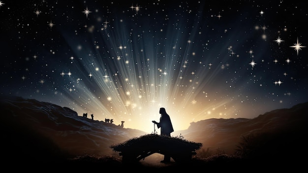 El pesebre de Jesucristo está adornado por una estrella brillante durante la Navidad