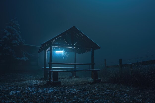 Un pesebre vacío por la noche bajo condiciones de niebla