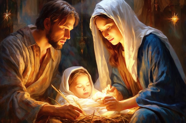 Pesebre vertep concepto religioso Estrella de Belén Nacimiento del Hijo de Dios Jesucristo la Virgen María José Biblia Cristiana Navidad Milagro Sagrada Familia IA Generativa