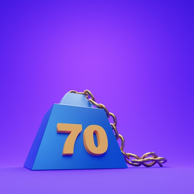 Peso de 70 toneladas con cadena de oro sobre fondo púrpura 3D Render ilustración Concepto de descuento del setenta por ciento