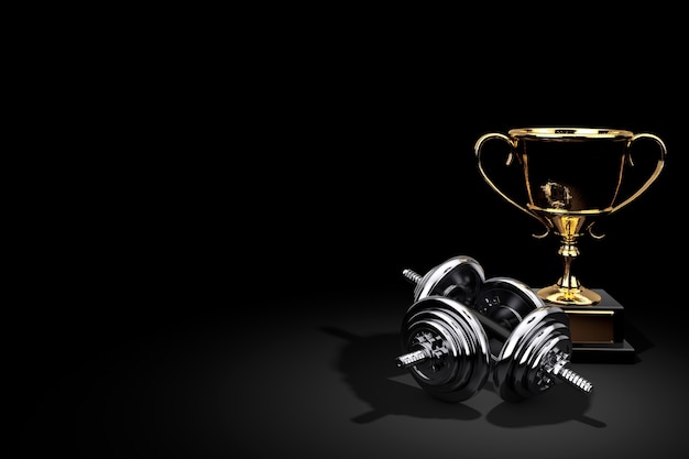 Peso de halteres de equipamentos de exercícios de fitness com troféu de ouro sob forte iluminação dramática em um fundo preto. Renderização 3D