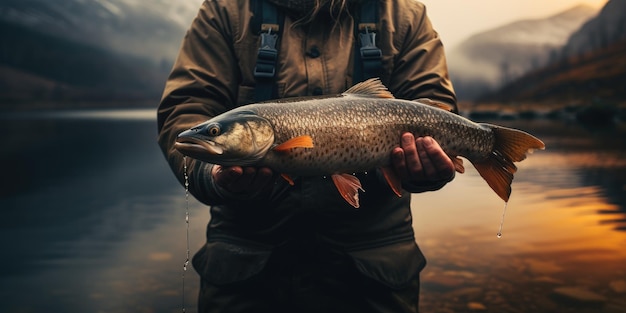 Pesque as mãos no fundo de um rio O tema da recreação e da pesca IA generativa