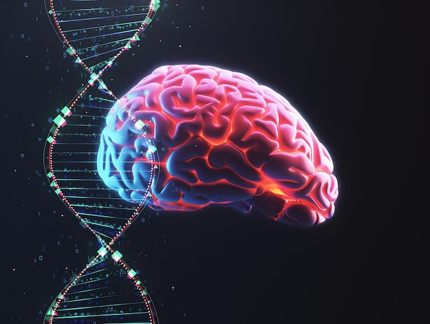 Pesquisa conceitual e análise do cérebro humano e do DNA em fundo escuro IA generativa