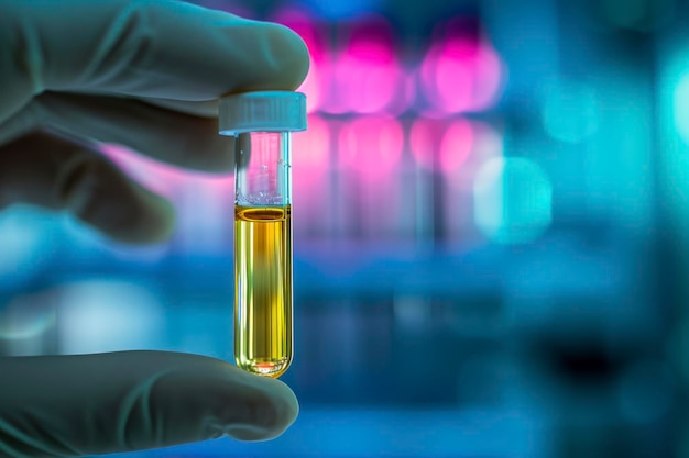 Foto pesquisa de biociência em uma mão de laboratório segurando uma ampola de vidro