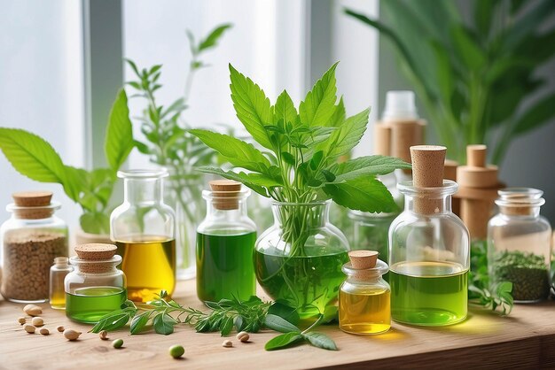 Pesquisa de drogas naturais Extracção orgânica e científica natural em vidro Medicina alternativa de ervas verdes Produtos de beleza naturais para cuidados com a pele Conceito de laboratório e desenvolvimento