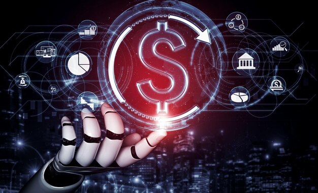 Pesquisa de IA de inteligência artificial de renderização 3D de desenvolvimento de robôs e ciborgues para o futuro das pessoas que vivem Mineração de dados digitais e design de tecnologia de aprendizado de máquina para cérebro de computador