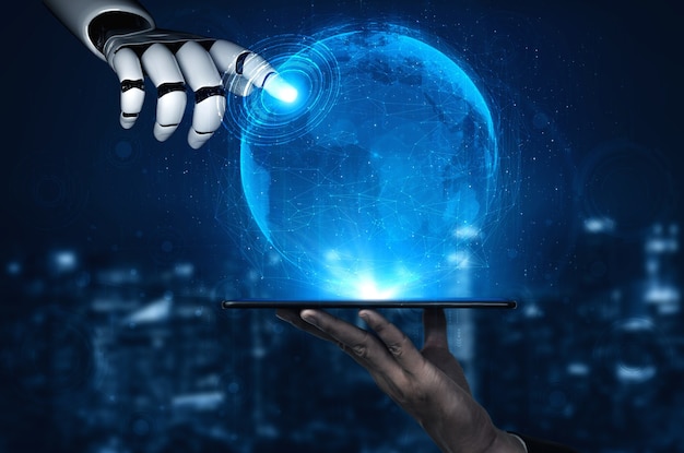 Pesquisa de inteligência artificial de IA de desenvolvimento de robôs e ciborgues para o futuro das pessoas que vivem