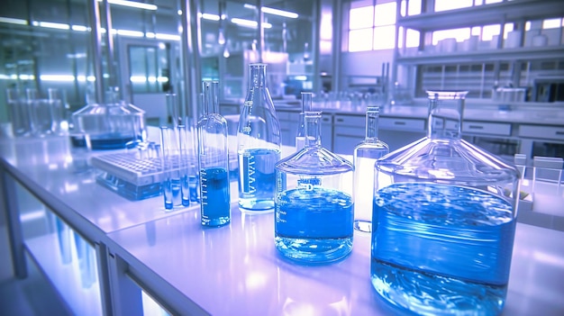 Pesquisa de Química de Laboratório com Vidro e Líquidos Experimento Científico em um Laboratório Moderno