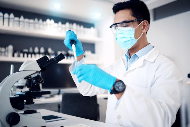 Pesquisa e cientista da Covid em um laboratório para uma inovação científica de teste e desenvolvimento médico para o futuro Estudo de saúde de análise química e trabalhador com uma investigação sobre um vírus e máscara facial