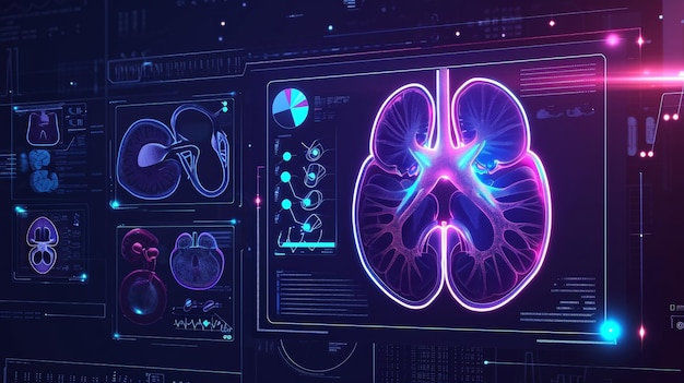 Foto pesquisa médica futurista ou cuidados de saúde renal com diagnóstico e sinais vitais infográfico biométrica f