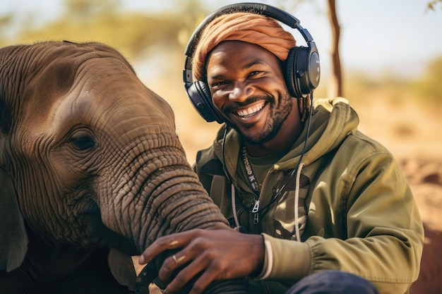 Pesquisador de comunicação animal na África capturando sons de elefantes para criação