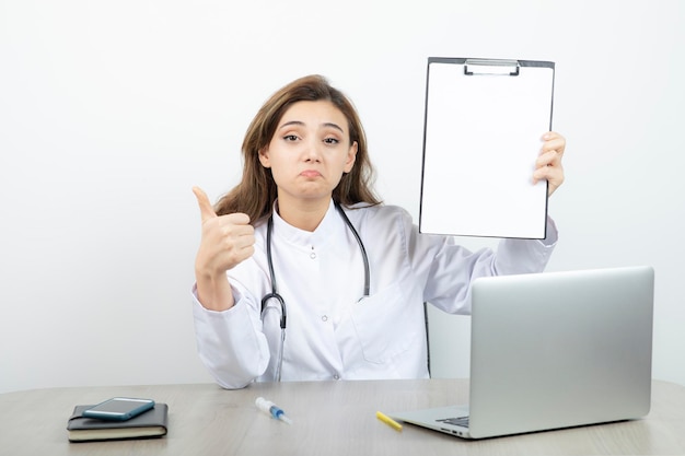 Pesquisador de laboratório feminino sentado à mesa com a prancheta e aparecendo o polegar. Foto de alta qualidade