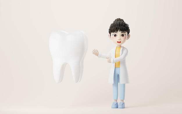 Pesquisadora feminina de desenho animado 3D e a renderização 3d do dente