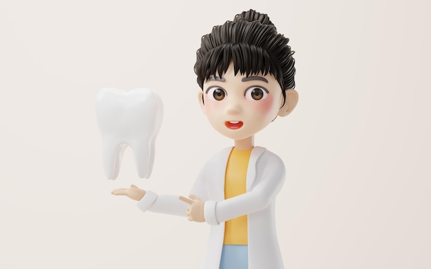 Pesquisadora feminina de desenho animado 3D e a renderização 3d do dente