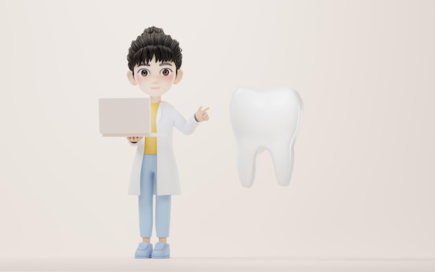 Pesquisadora feminina de desenho animado 3D e a renderização 3d do dente