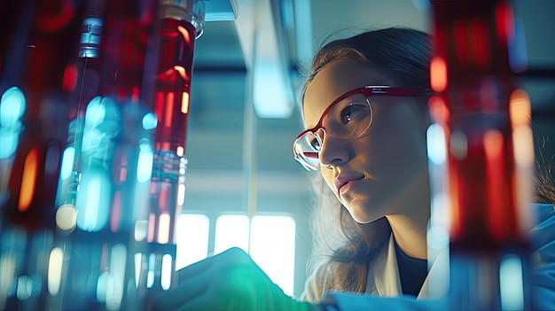 Pesquisadora trabalhando em um laboratório científico Cropipette contendo tubos de ensaio em um grande laboratório moderno