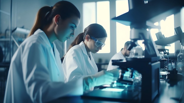 Pesquisadores em um laboratório de genética examinando fios de DNA