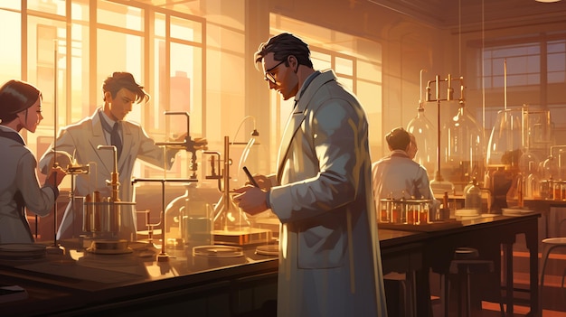 Pesquisas em casacos trabalhando em uma ilustração de laboratório de ciências