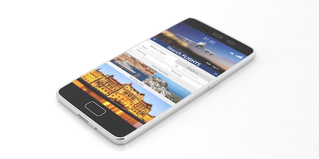 Foto pesquise voos em uma tela de smartphone isolada na ilustração 3d de fundo branco
