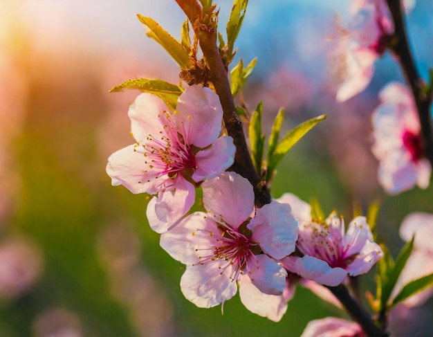 pêssego em flor com flores no pôr-do-sol do dia de primavera