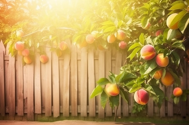 Pêssegos de frutas naturais crescendo em uma árvore no verão contra cerca de madeira Delicioso e saudável comer