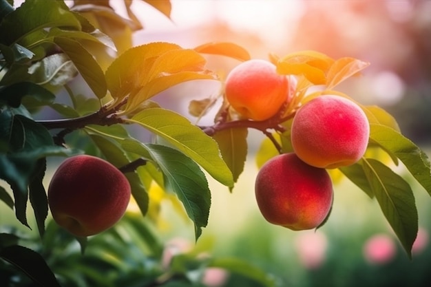 Pêssegos frescos fecham em galhos de árvores Nutrição orgânica deliciosa e saudável Generative AI