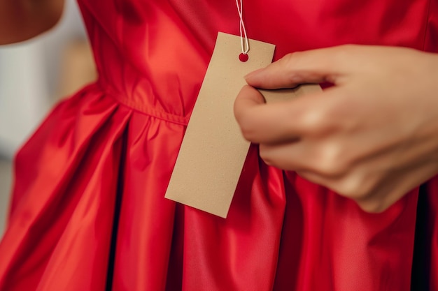 Foto pessoa a anexar uma etiqueta em branco a um vestido vermelho