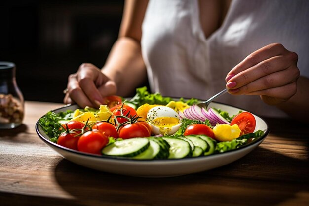 Foto pessoa a comer uma salada saudável de vegetais frescos e ovos cozidos