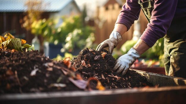 Foto pessoa a compostar os resíduos alimentares no jardim do depósito de compost