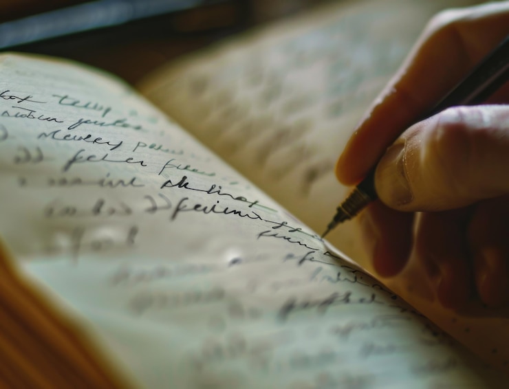 Foto pessoa a escrever num caderno com caneta