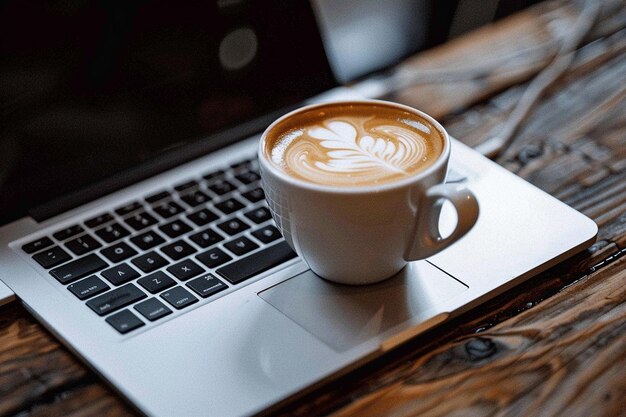 Pessoa a trabalhar num portátil enquanto bebe café
