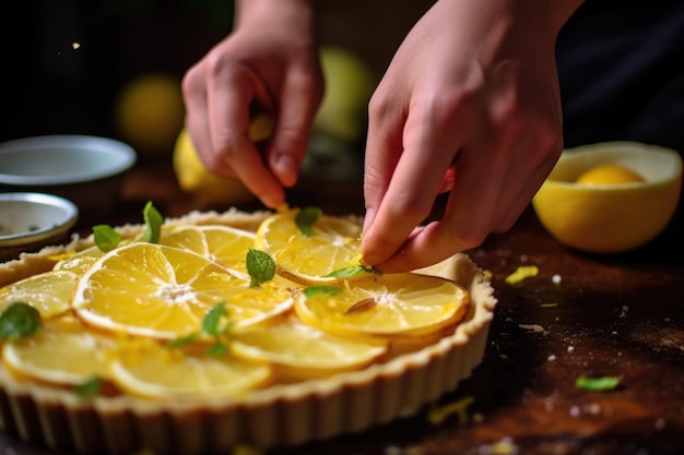 Pessoa adornando tarte com cascas de limão
