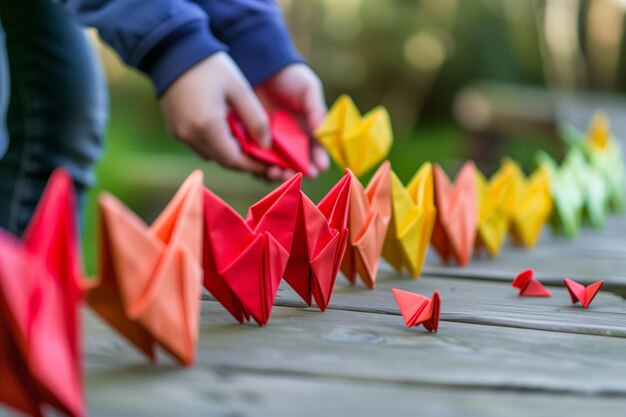 Foto pessoa alinhando origamis de coração para uma sessão de fotos