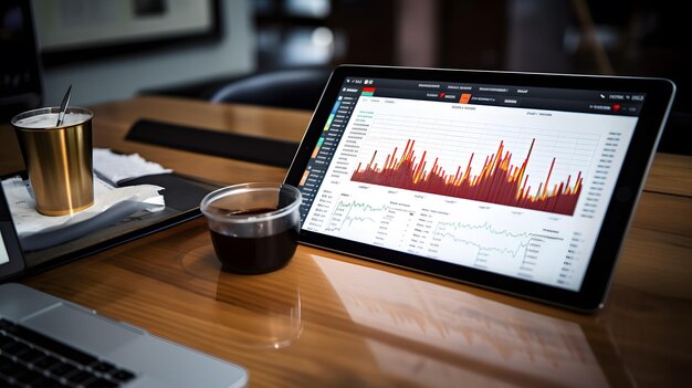 Foto pessoa analisando gráficos e gráficos em um tablet representando análise do mercado de ações