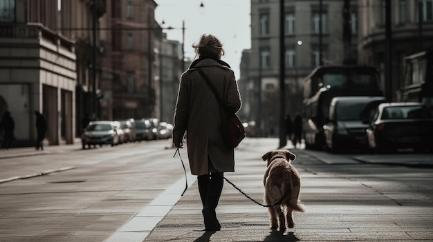 Pessoa andando com seu cachorro na rua da cidade