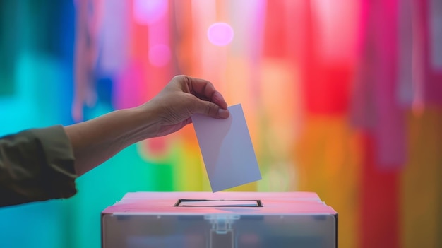 Foto pessoa anônima colocando o voto na urna contra um fundo borrado colorido