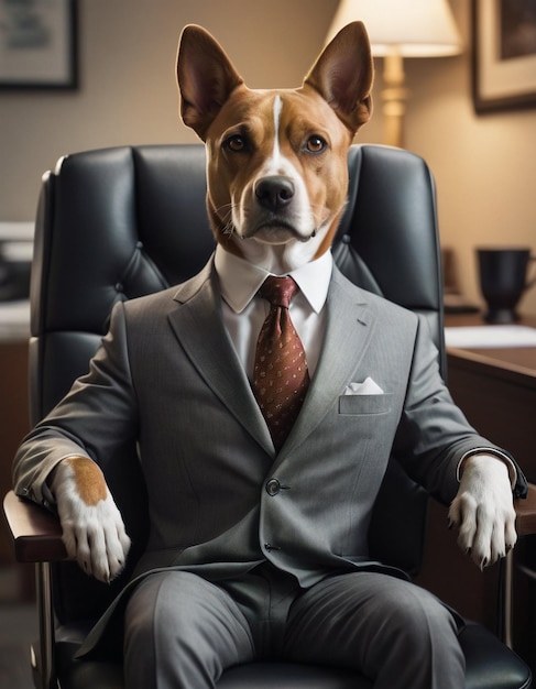 Foto pessoa antropomórfica cão seo empresário em um terno de negócios sentado em uma cadeira no escritório