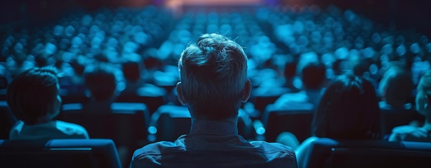 Pessoa assistindo a um filme em uma sala de cinema escura silhuetas da audiência no fundo conceito de experiência cinematográfica
