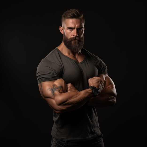 Foto pessoa atlética flexionando os músculos bíceps na câmera em estúdio