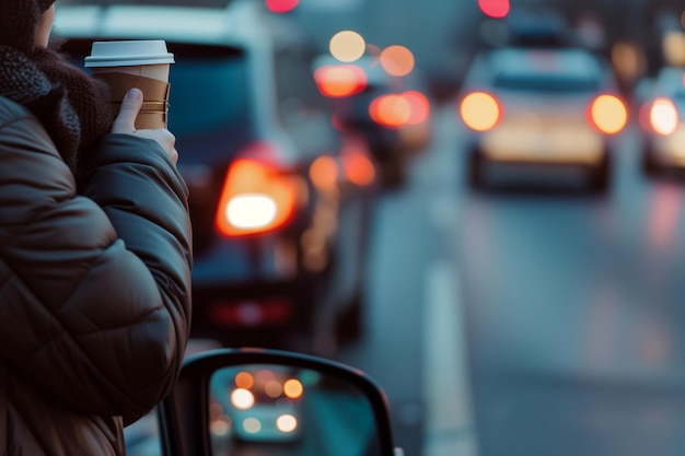 Pessoa bebendo café ao lado de seu carro veículos borrosos na estrada