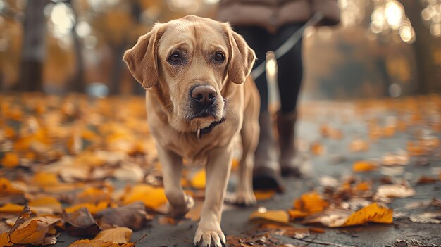 Foto pessoa caminhando com um cão de companhia canidae em uma coleira de cor castanha com bigodes
