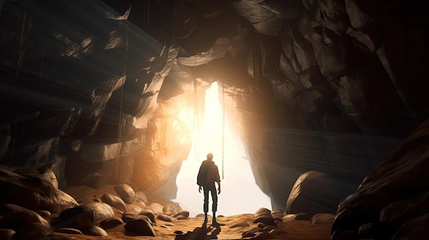 Pessoa caminhando em direção à luz na ilustração de arte digital de caverna IA generativa