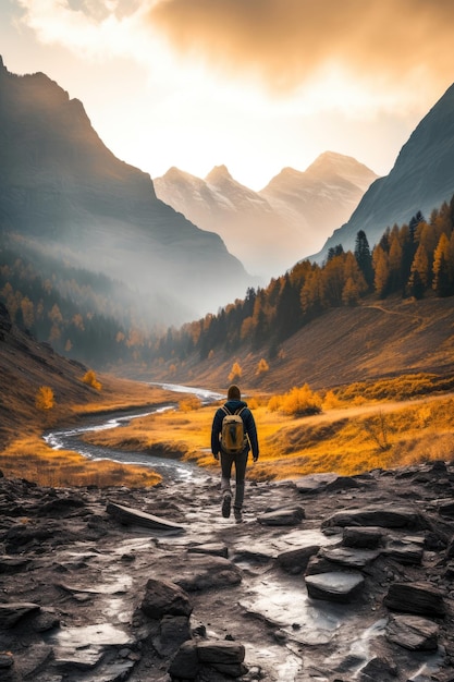 pessoa caminhando na paisagem da montanha nascer do sol na estação de outono