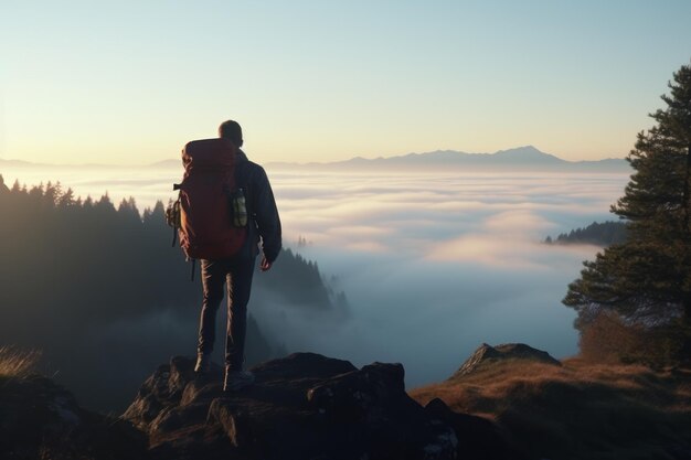 pessoa caminhando nas montanhas pela manhã IA generativa