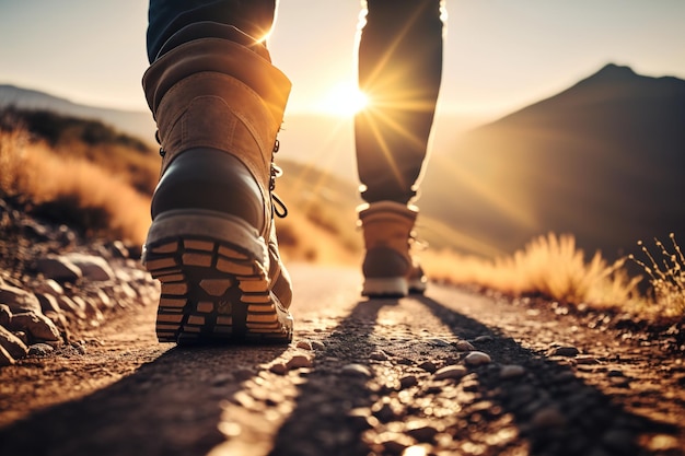 Pessoa caminhando no topo da montanha com vista panorâmica feita com IA generativa