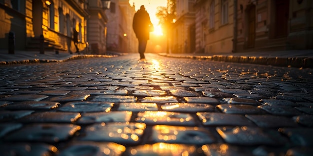 Foto pessoa caminhando pela rua ao pôr-do-sol ai gerativa