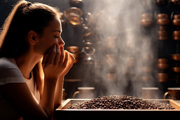 Foto pessoa cheirando o aroma de grãos de café recém-moídos